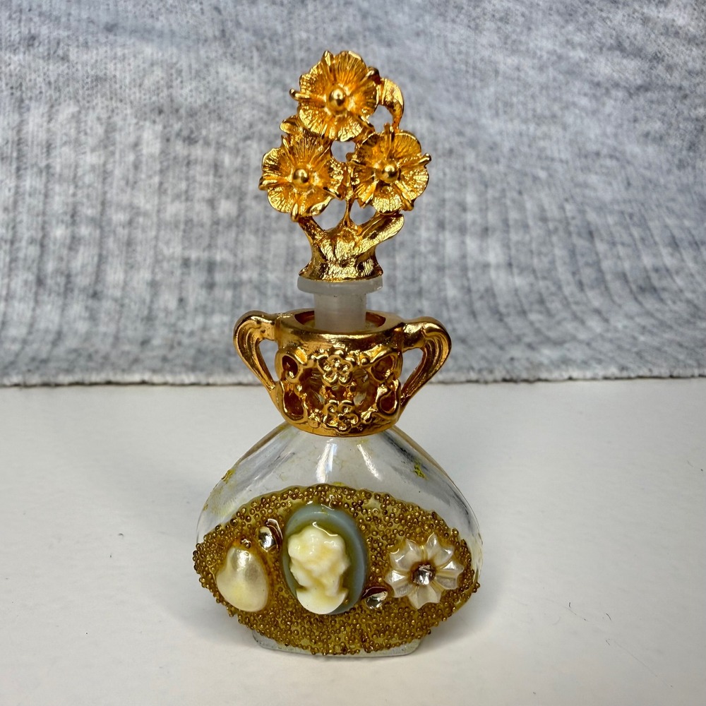 Vintage Adrian 24K Gold Electroplated Cameo Perfume Bottle Miniature 1/8 oz USA